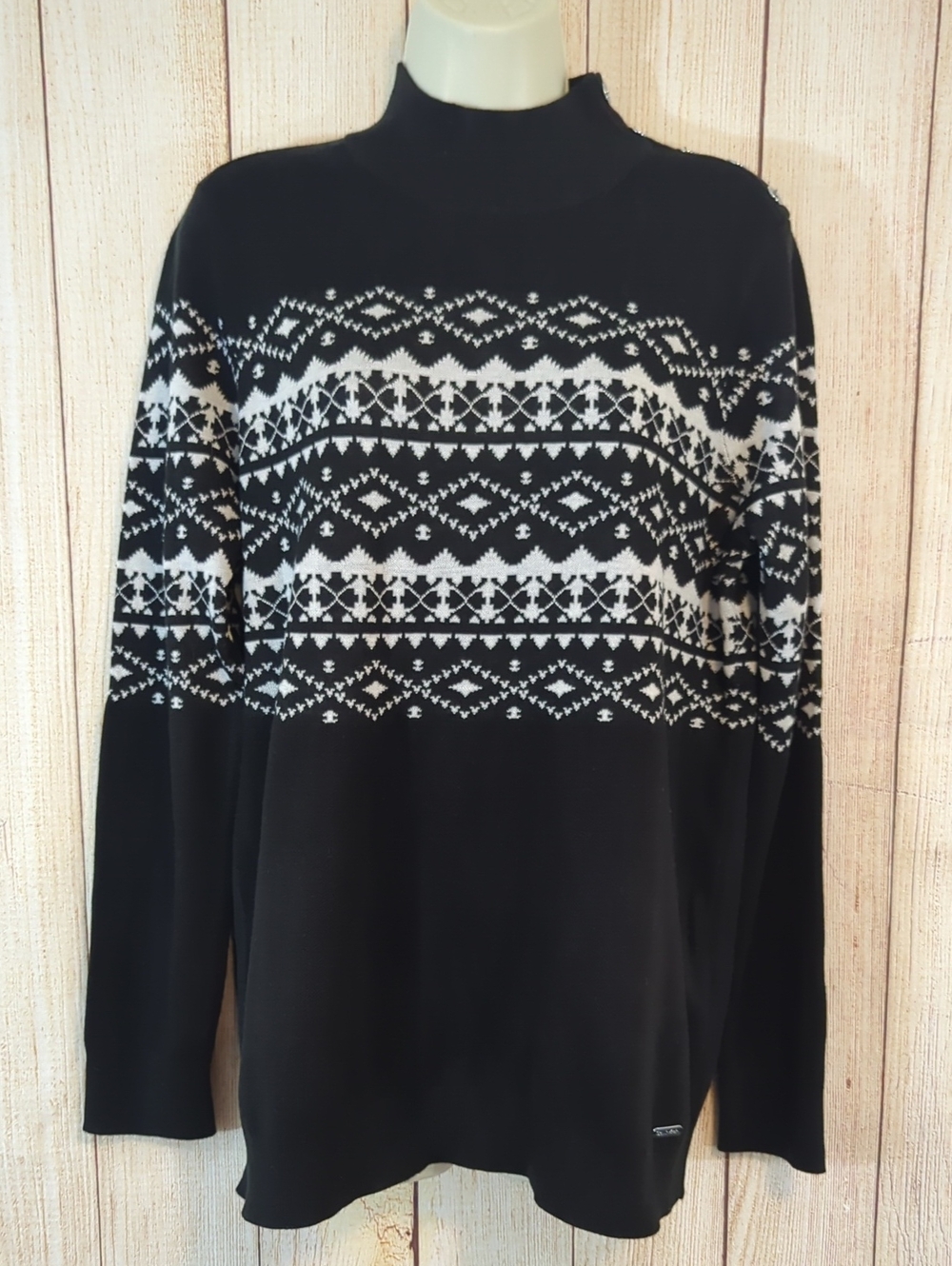 Calvin Klein Sweater Womens Medium Black Fair Isle Mock Neck Pullover Nordic